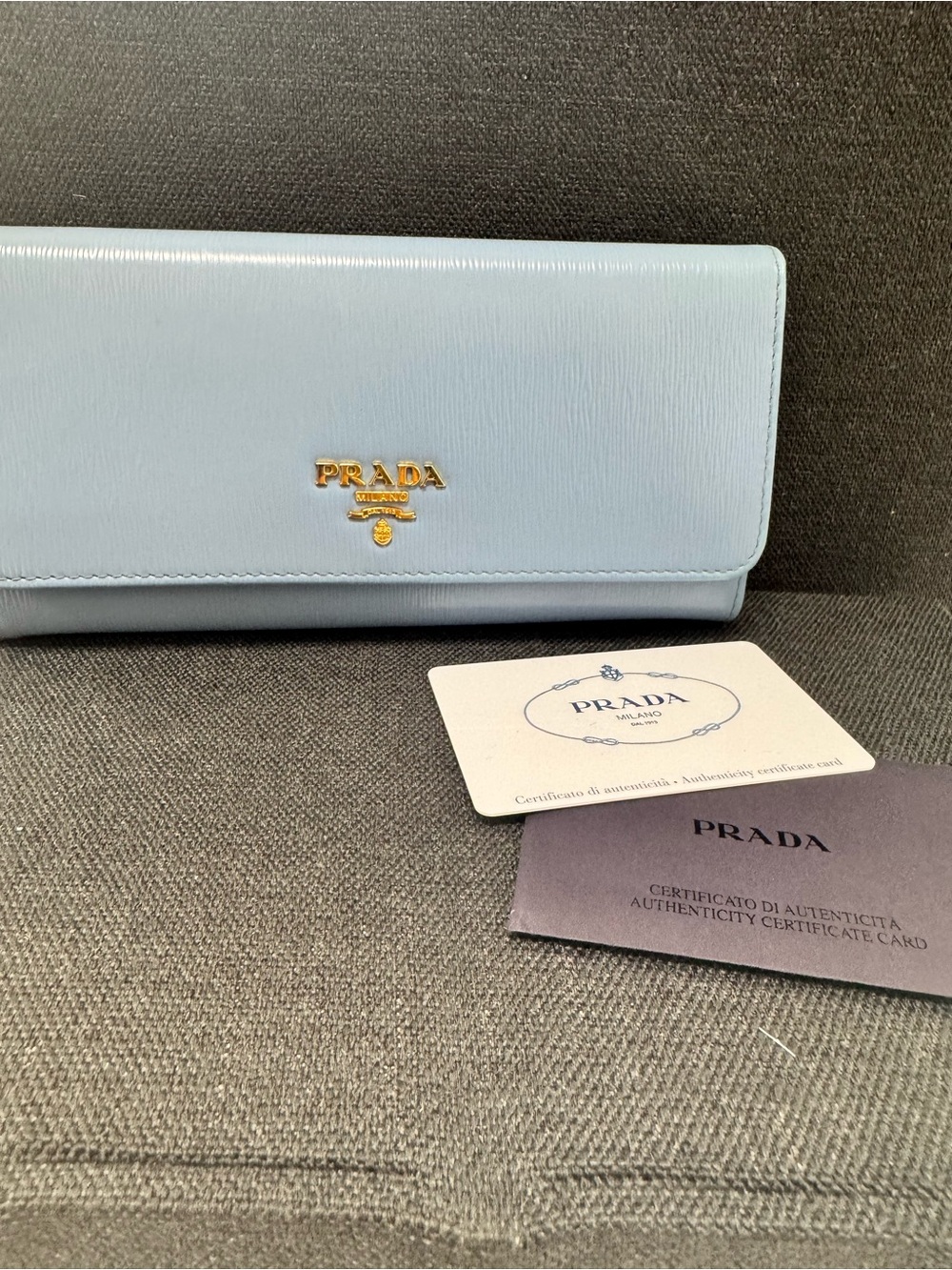 Prada Powder Blue Saffiano Leather Continental Wallet with Gold Logo - Picture 13 of 13